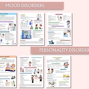 May include: Educational infographics detailing mood and personality disorders. The collection includes text, illustrations, and diagrams. Titles such as "Mood Disorders" and "Personality Disorders" are displayed on a pink banner.