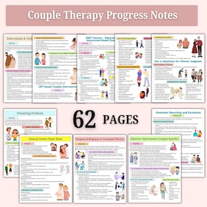 May include: A set of 62 pages of couple therapy progress notes. The notes cover intervention techniques, BIRP format, risk and safety, and clinical terms. The title "Couple Therapy Progress Notes" is displayed at the top.