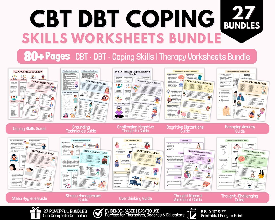 CBT DBT Coping Skills Worksheets Bundle | Anxiety Therapy Workbook ...