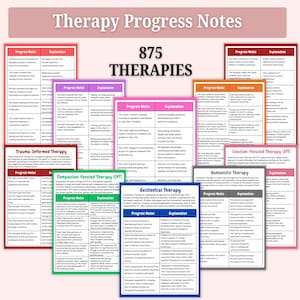 May include: A set of therapy progress notes, showcasing different therapeutic methods. The image presents colourful cards with headings such as "Progress Notes" and "Explanation," and the text "875 THERAPIES."