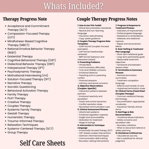 May include: A detailed list of therapy progress notes and couple therapy progress notes, including topics like Acceptance and Commitment Therapy, Cognitive Behavioral Therapy, and Emotional Focused Therapy. The text is on a cream-coloured background.