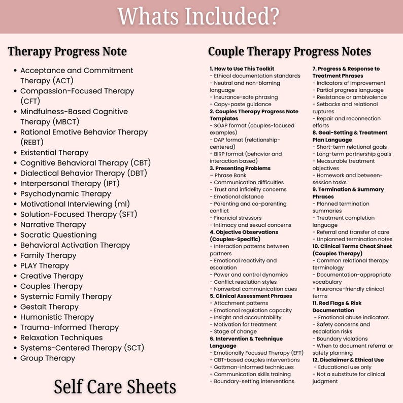 May include: A detailed list of therapy progress notes and couple therapy progress notes, including topics like Acceptance and Commitment Therapy, Cognitive Behavioral Therapy, and Emotional Focused Therapy. The text is on a cream-coloured background.