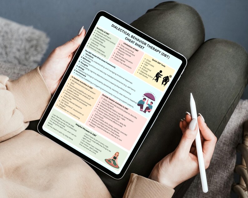 May include: A tablet displaying a "Dialectical Behavior Therapy (DBT) Cheat Sheet." The screen shows text and graphics outlining DBT concepts, including benefits, limitations, and helpful phrases. A white stylus rests beside the tablet. The tablet is held on a person's lap.