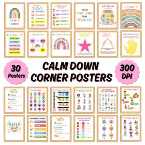 Könnte beinhalten: Eine Sammlung von 30 gerahmten Postern für eine "Calm Down Corner". Die Poster zeigen farbenfrohe Illustrationen und Texte mit Beruhigungstechniken, Emotionsregulation und Regeln für sichere Räume. Geeignet für Bildungs- oder Therapieeinrichtungen.