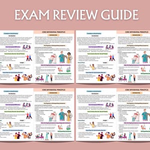 May include: Four study guides with the title "EXAM REVIEW GUIDE" at the top. Each guide contains detailed information, diagrams, and illustrations on a pink background. The guides cover topics such as "2 Accident vs Social Anxiety" and "Core Differential Principles".
