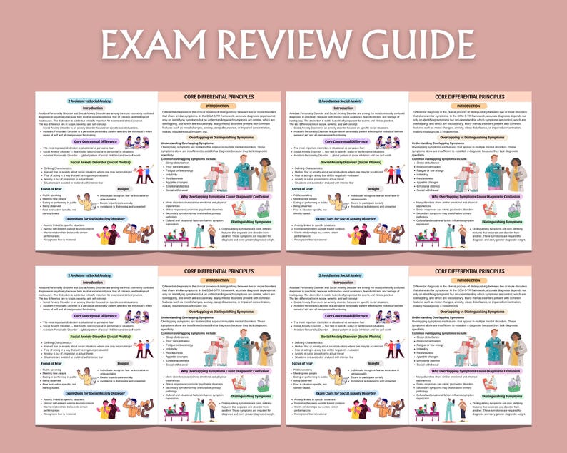 May include: Four study guides with the title "EXAM REVIEW GUIDE" at the top. Each guide contains detailed information, diagrams, and illustrations on a pink background. The guides cover topics such as "2 Accident vs Social Anxiety" and "Core Differential Principles".