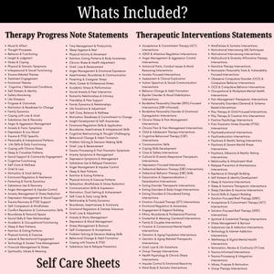 May include: A pink and white document titled "Whats Included?" lists therapy progress note statements and therapeutic interventions statements. The document also includes "Self Care Sheets".
