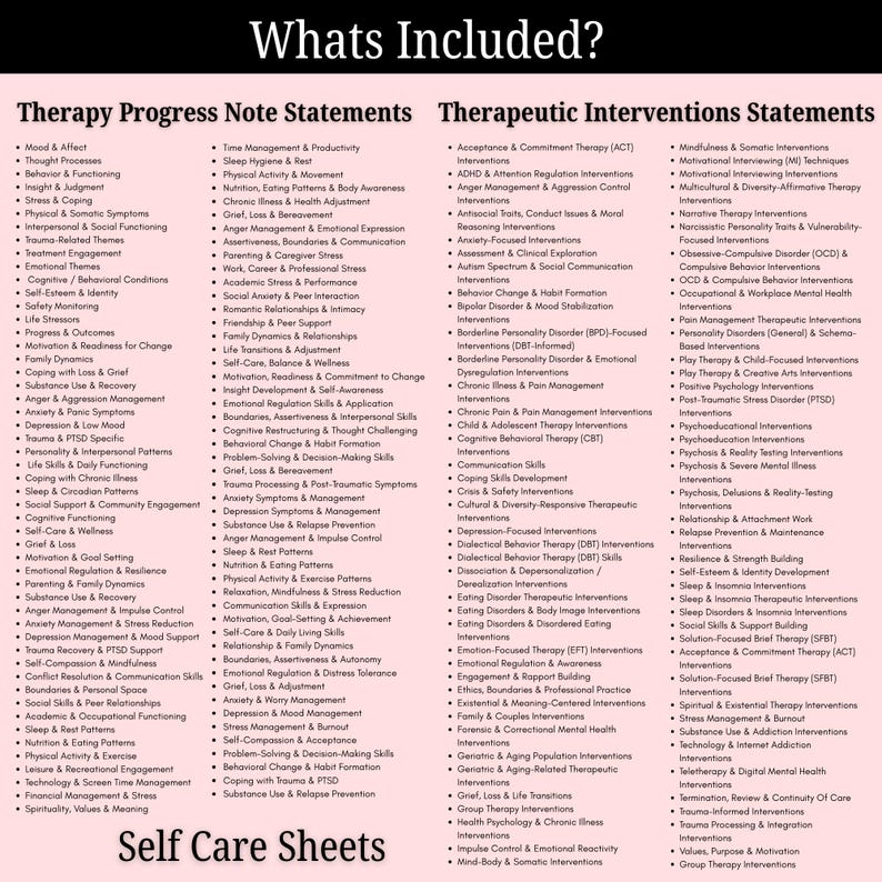 May include: A pink and white document titled "Whats Included?" lists therapy progress note statements and therapeutic interventions statements. The document also includes "Self Care Sheets".