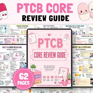 May include: A pink and white illustrated review guide for the PTCB exam. The cover reads "PTCB CORE REVIEW GUIDE" with the text "62 PAGES" and other study-related graphics. Other study guides are also visible.
