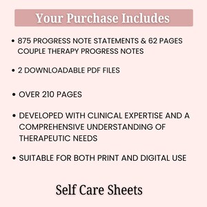 May include: A digital product image with the text "Your Purchase Includes" at the top. Bullet points list features: 875 progress note statements, 2 downloadable PDF files, over 210 pages, developed with clinical expertise, and suitable for print and digital use. The text "Self Care Sheets" is at the bottom.