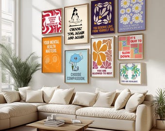 Lote de 100 láminas de arte mural sobre salud mental para consultorios de terapia. Pósteres de salud mental. Decoración para consultorios de terapia.