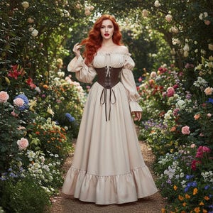 May include: A woman wearing a cream-colored off-the-shoulder dress with long sleeves and a brown corset. The dress has a ruffled hem and is set in a garden with flowers.