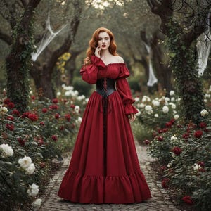 May include: A long, red off-the-shoulder dress with long sleeves and a black corset. The dress has a full skirt with a ruffled hem. The background features a garden path lined with red and white roses, with trees and spiderwebs.