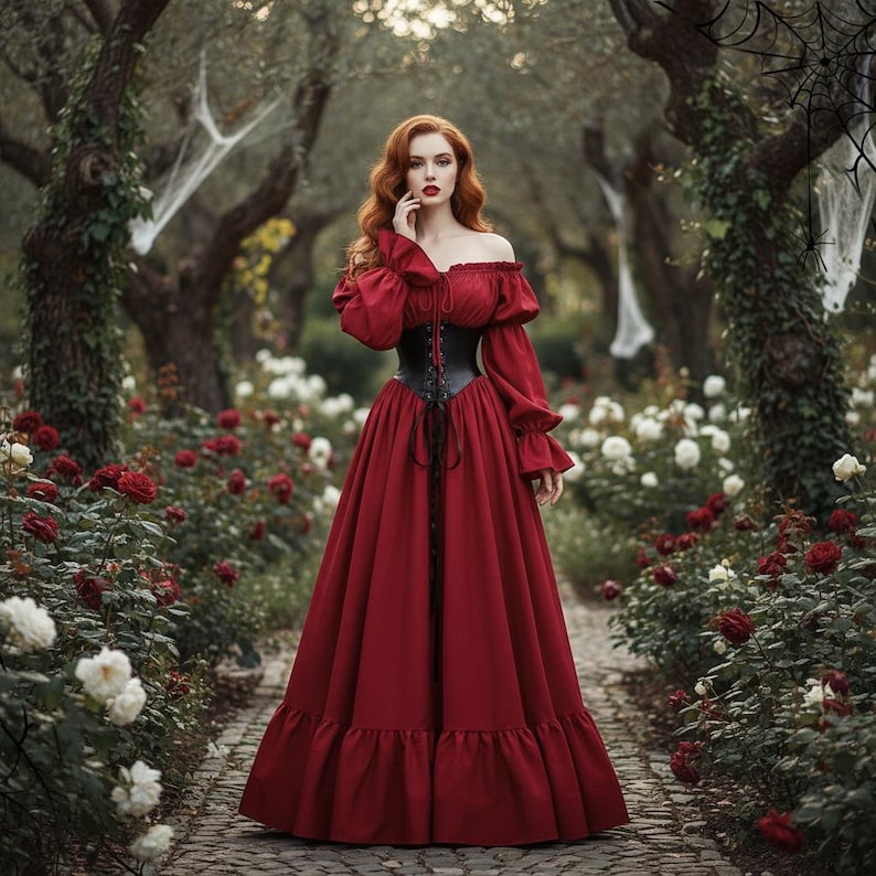 May include: A long, red off-the-shoulder dress with long sleeves and a black corset. The dress has a full skirt with a ruffled hem. The background features a garden path lined with red and white roses, with trees and spiderwebs.
