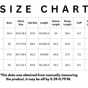 May include: A size chart with measurements in inches for bust, waist, hip, length, sleeve, bicep, cuff, and straps. Sizes range from XS to L. The text at the bottom states that measurements may vary by 0.39-0.79 inches.