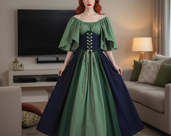 Medieval Cottagecore Elven Dress: Long Tulle Gown with Waist Lace Up Corset for Fantasy Renaissance Faire Cosplay,  LARP Women Costume