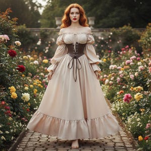 May include: A long, off-the-shoulder dress in a light beige color, featuring a brown corset and long sleeves. The dress has a flowing skirt with a ruffled hem. The background is a garden with colorful flowers and a stone pathway.