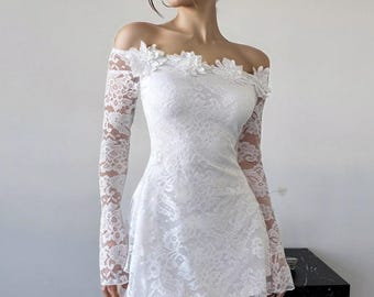 Romantic Lace Flared Mini Dress With Long Sleeves,Flowy Fit&Flare Attire,High Waist Ruffle Party Wear,Wedding Guest Outfit,Photoshoot Dress