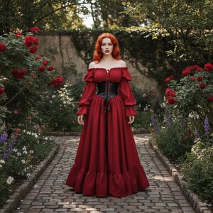 May include: A long, red off-the-shoulder dress with long sleeves and a black corset. The dress has a ruffled hem and is worn in a garden setting with red roses and a stone path. The sleeves are long and puffy.