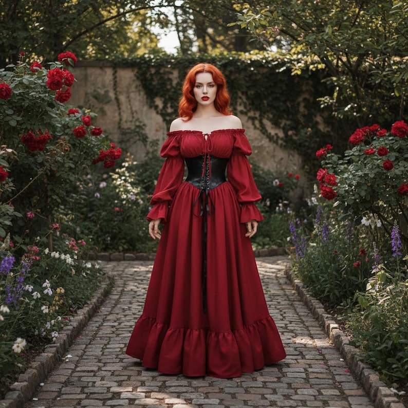 May include: A long, red off-the-shoulder dress with long sleeves and a black corset. The dress has a ruffled hem and is worn in a garden setting with red roses and a stone path. The sleeves are long and puffy.