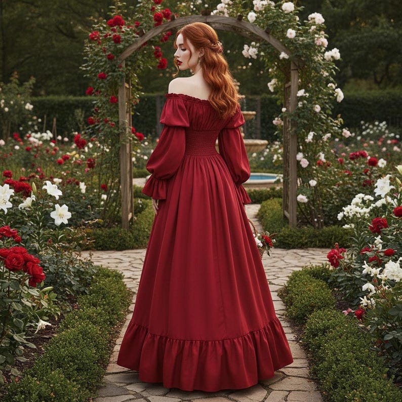 May include: A long, off-the-shoulder burgundy dress with long sleeves and a ruffled hem. The dress is worn in a garden setting with a stone pathway, surrounded by red and white roses, and a wooden archway.