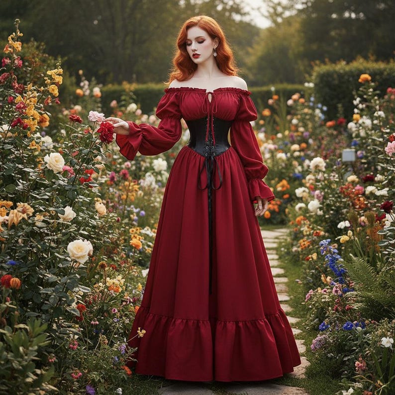 May include: A burgundy off-the-shoulder dress with long sleeves and a black corset. The dress features a full skirt with a ruffled hem. The woman is standing in a garden with colorful flowers.