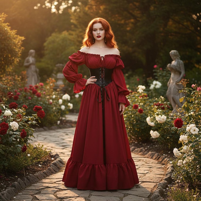 May include: A burgundy off-the-shoulder dress with long sleeves and a black corset. The dress features a ruffled hem and is worn in a garden setting with red and white roses.