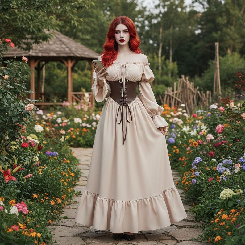 May include: A beige off-the-shoulder dress with long sleeves and a brown corset. The dress has a ruffled hem and is tied with a brown ribbon. The person is holding a phone and standing on a stone path in a garden.