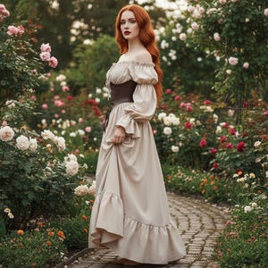 May include: A beige off-the-shoulder dress with long sleeves and a brown corset. The dress has a ruffled hem and is worn in a garden with roses.