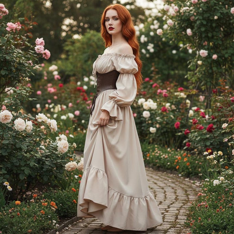May include: A beige off-the-shoulder dress with long sleeves and a brown corset. The dress has a ruffled hem and is worn in a garden with roses.