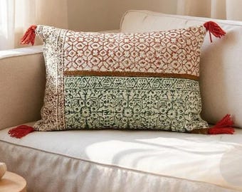 Fall Lumbar Pillow 14x20 inches | Hand Block Printed Boho Rust Terracotta Cotton Cushion | Autumn Farmhouse Decor with Tassels