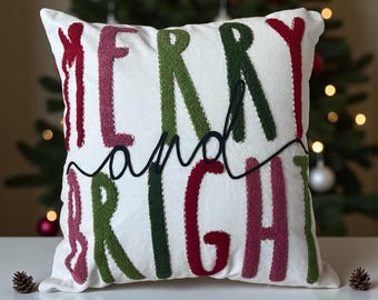 Merry And Bright  Christmas Throw Pillow Covers Embroidered Holiday Decorative Letters Red Green Gold On Ivory Base Cushion 16x16