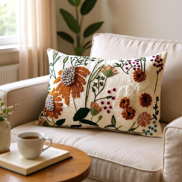 Funda de cojín grande estilo boho con bordado floral en tonos neutros: decoración minimalista escandinava boho en tonos tierra, cojín lumbar para cama.