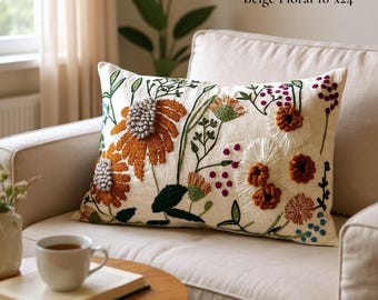 Neutral Floral Embroidered Oversized boho Throw Pillow Cover Sham: Earthy tones Minimalist Scandi boho decor, lumbar cushion for bed 16"x24"
