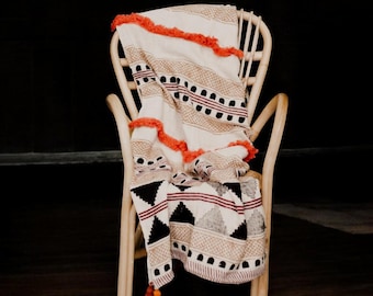Rust Orange Boho Throw Blanket | Handwoven Fringe Cotton Blanket | Block Print Tassel Throw | Colorful Couch Blanket Boho Living Room Decor