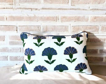Blue Embroidered Boho Floral Hydrangea Spring Throw Pillow Cover Sham Neutral Earthy Green lumbar cushion 12x20