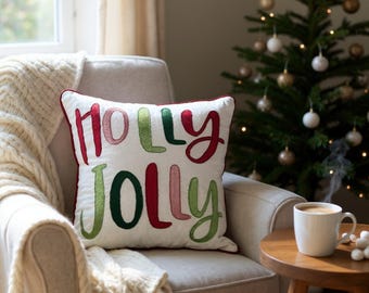 Christmas Throw Pillow Covers Embroidered Square Decorative Holiday Letter Cotton Red White Gree Holly Jolly Scatter Pillow 16 x 16