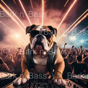 Póster de DJ Bulldog: Arte mural divertido con perros, decoración para festivales de música, regalo para amantes de los perros