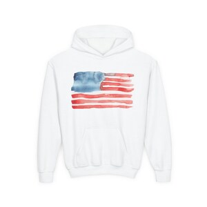 Youth Hoodie, American Flag Watercolor 4th of July Sweatshirt, Patriotic Kids Pullover, Independence Day Jumper, Red White Blue Child Hooded