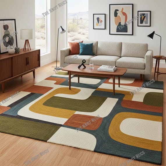 Hand-Tufted Wool Rug: Mid-Century Modern Geometric Carpet
