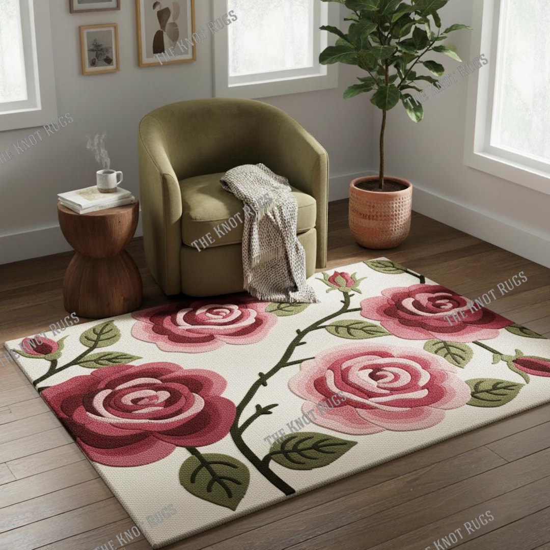 Handmade Tufted Rose Floral Area Rug | Pink & Burgundy Flower Carpet ...