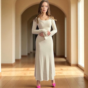 Square Neck Knit Maxi Dress – Elegant Ribbed Long Sleeve A-Line Gown