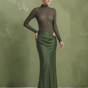 strapless open back dress Olive Green Prom Dresses A Line Off The Shoulder V-Neck Stretch Satin main image 1