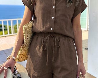 Ensemble short en coton marron chemise boutonnée Ensemble d'été