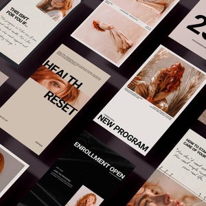 May include: A collection of promotional materials with a neutral color palette. The images feature text such as "Health Reset," "New Program," and "Enrollment Open." A woman with red hair is featured in several images. Some images include the text "Now 25% Off."