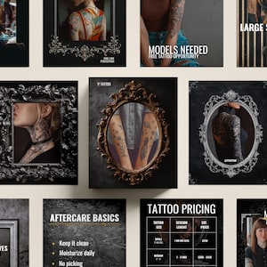May include: A collection of promotional images for a tattoo studio. The images feature tattoo art, models, and information about aftercare and pricing. The text includes "Book Now!", "Models Needed", and "Meet the Artists".
