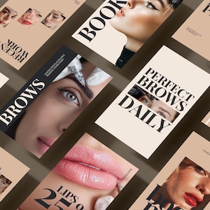 May include: A selection of promotional leaflets and brochures for beauty treatments. The materials showcase images of eyebrows, lips, and facial procedures, with text including "Brows," "Perfect Brows Daily," and "Lips". The colour scheme is neutral, highlighting skin tones.