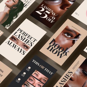 Könnte beinhalten: Eine Sammlung von Werbekarten für Wimpernverlängerungsdienste. Die Karten zeigen Bilder von Augen mit langen Wimpern, Text wie "Perfect Lashes Always", "Book Now" und "Lashes 25% Off". Die Farbpalette umfasst Beige, Schwarz und Braun.