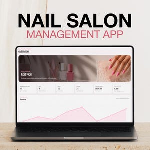 May include: A laptop screen displaying a Nail Salon Management App interface. The dashboard shows an overview with metrics, a revenue line graph in pink, and a header image featuring nail polish bottles and a hand with pink manicured nails.