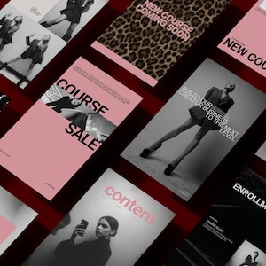 Può includere: Una raccolta di materiali promozionali con sfondo rosso. I materiali includono biglietti rosa e neri con testo come "NUOVO CORSO", "VENDITA CORSO" e "ISCRIZIONE LIVE". Alcuni biglietti presentano immagini in scala di grigi di una persona.
